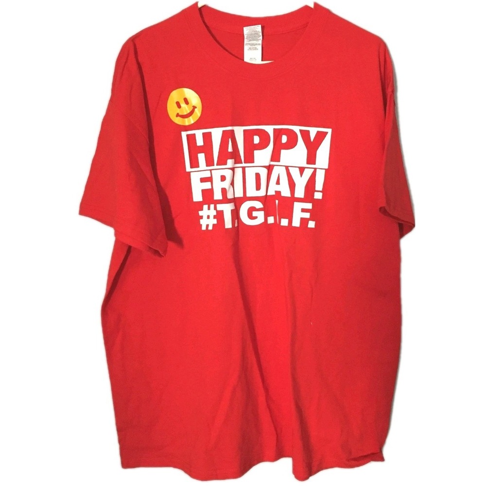 Funny Happy Friday Shirt Womens XL Red TGIF Smiley Face Graphic Tee Gildan